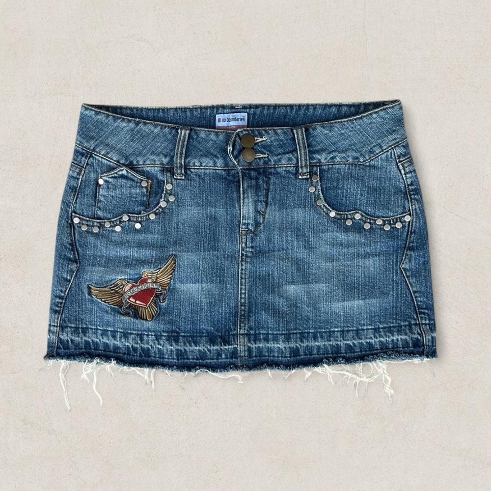No Boundaries Blue Denim Mini Skirt with Embroidery